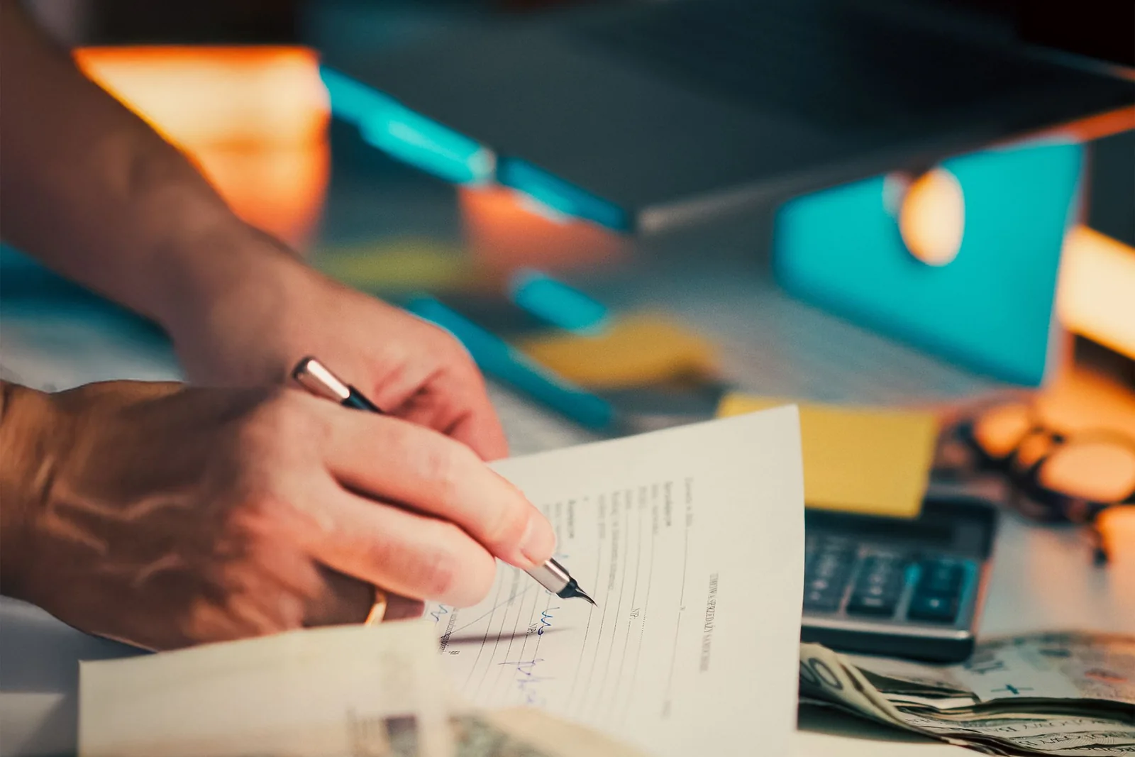 Organized financial documents, calculator, and source records on a business desk.