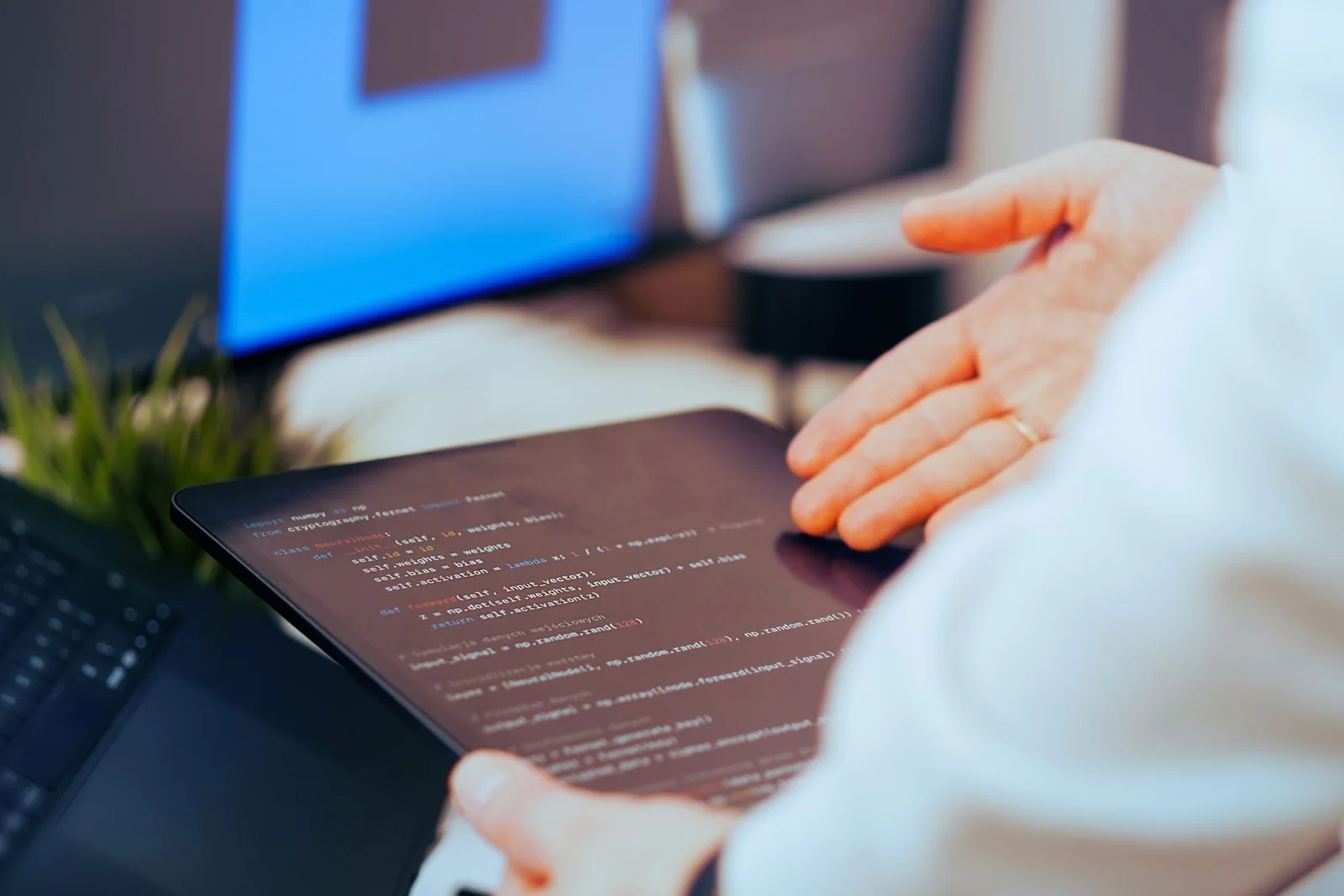 Software developer reviewing code and test evidence on a tablet.