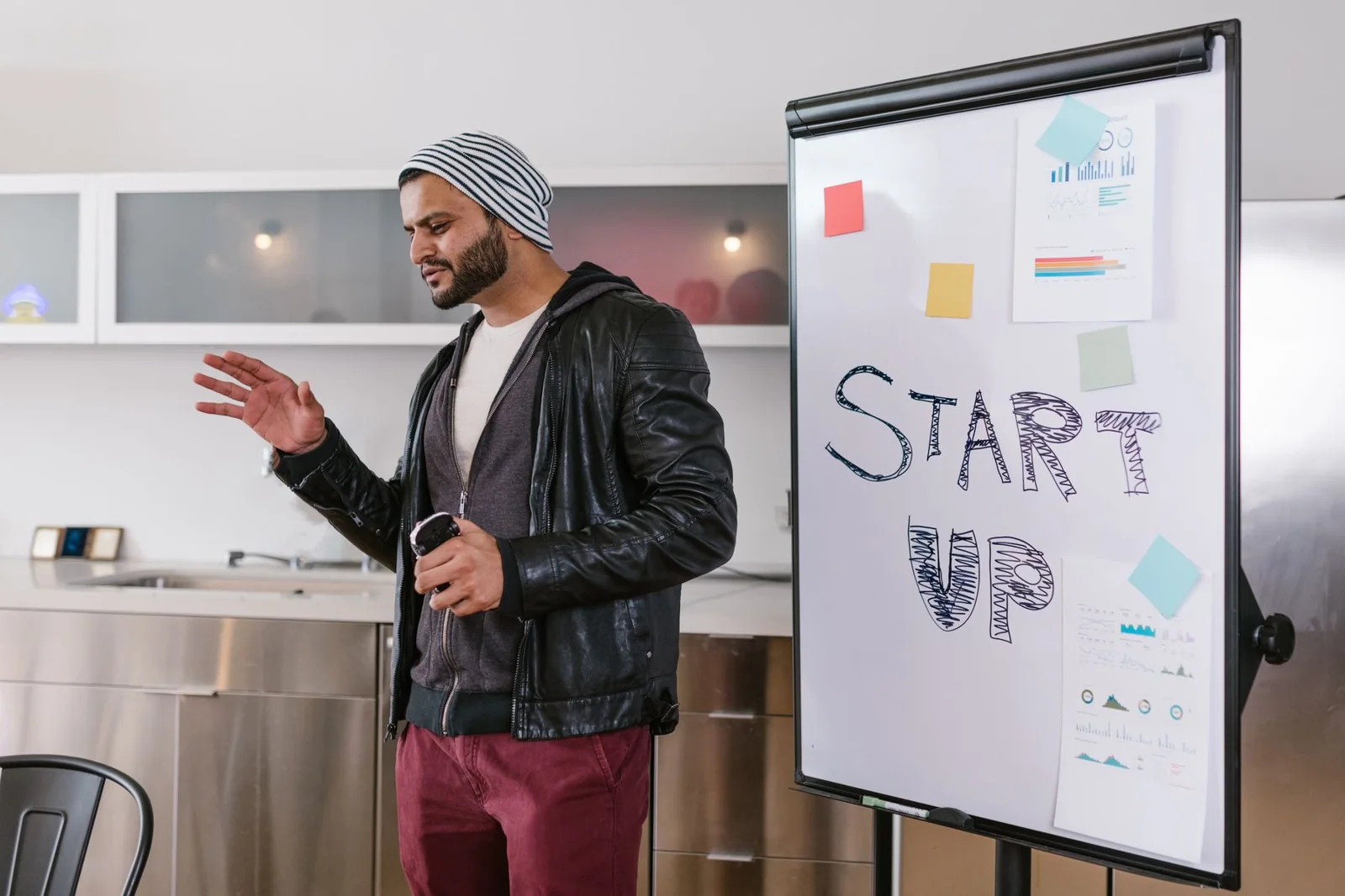 Founder presenting a startup plan and milestones to collaborators